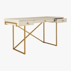 Avalon 3-Drawer Gold Desk With Ivory Shagreen Top -Optimal Furniture Store AvalonIvoryFauxShgrnDesk3QAVS20