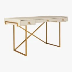 Avalon 3-Drawer Gold Desk With Ivory Shagreen Top -Optimal Furniture Store AvalonIvoryFauxShgrnDesk3QS20