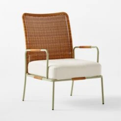 Colombe Green Metal And Rattan Outdoor Lounge Chair With Ivory Sunbrella® Cushions -Optimal Furniture Store ColombeVertLoungeChair3QSSS23