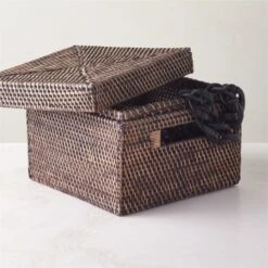Emme Square Handwoven Espresso Rattan Storage Basket -Optimal Furniture Store EmmeBoxwLidEspSqAVSHF22