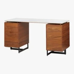 Fullerton 6-Drawer Walnut Wood Desk With White Marble Top -Optimal Furniture Store FullertonMdlrDskW2Drwrs3QBS18