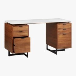 Fullerton 6-Drawer Walnut Wood Desk With White Marble Top -Optimal Furniture Store FullertonMdlrDskW2DrwrsAVS18