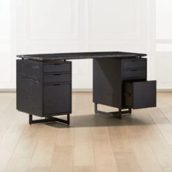 Fullerton 6-Drawer Black Oak Wood Desk With Black Marble Top -Optimal Furniture Store FullertonModBkDkW2BkDrwAV2SHF20 1x1
