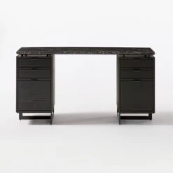 Fullerton 6-Drawer Black Oak Wood Desk With Black Marble Top -Optimal Furniture Store FullertonModBkDkW2BkDrwSOF20