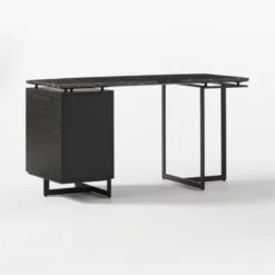 Fullerton 3-Drawer Black Metal And Oak Wood Desk With Black Marble Top -Optimal Furniture Store FullertonModBkDkWBkDrNLg3QBF20