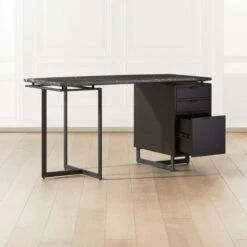 Fullerton 3-Drawer Black Metal And Oak Wood Desk With Black Marble Top -Optimal Furniture Store FullertonModBkDkWBkDrNLgAV2SHF20 1x1