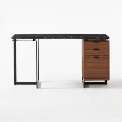 Fullerton 3-Drawer Metal And Walnut Wood Desk With Black Marble Top -Optimal Furniture Store FullertonModBkDkWWlDrNLgSOF20