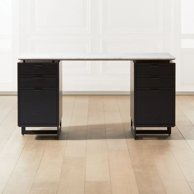 Fullerton 6-Drawer Black Oak Wood Desk With White Marble Top 1 Fullerton 6-Drawer Black Oak Wood Desk With White Marble Top