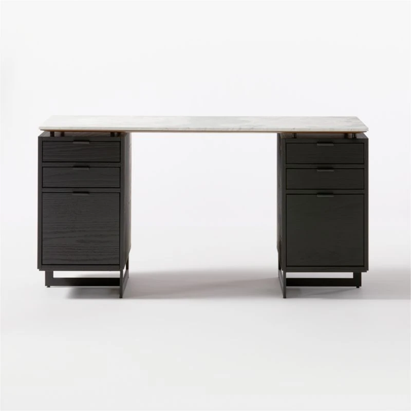 Fullerton 6-Drawer Black Oak Wood Desk With White Marble Top 4 Fullerton 6-Drawer Black Oak Wood Desk With White Marble Top - Image 4