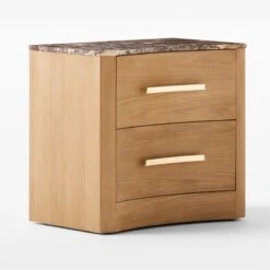 Kingsbury 2-Drawer Curved Oak Wood Nightstand With Marble Top -Optimal Furniture Store KingsburyCrvdMrblNghtstnd3QSSF22