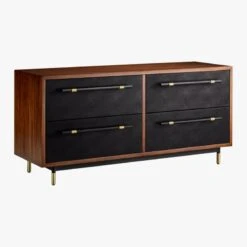 Oberlin 4-Drawer Black Leather And Wood Dresser -Optimal Furniture Store OberlinLowDresser3QFS18