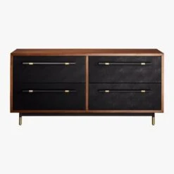 Oberlin 4-Drawer Black Leather And Wood Dresser -Optimal Furniture Store OberlinLowDresserS18