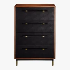 Oberlin Tall 4-Drawer Black Leather And Wood Dresser -Optimal Furniture Store OberlinTallChestS18