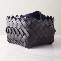Willa Woven Black Leather Storage Basket Small -Optimal Furniture Store WillaBkLthrWovenBasketSmAVSHF22