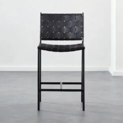 Woven Black Leather Counter Stool